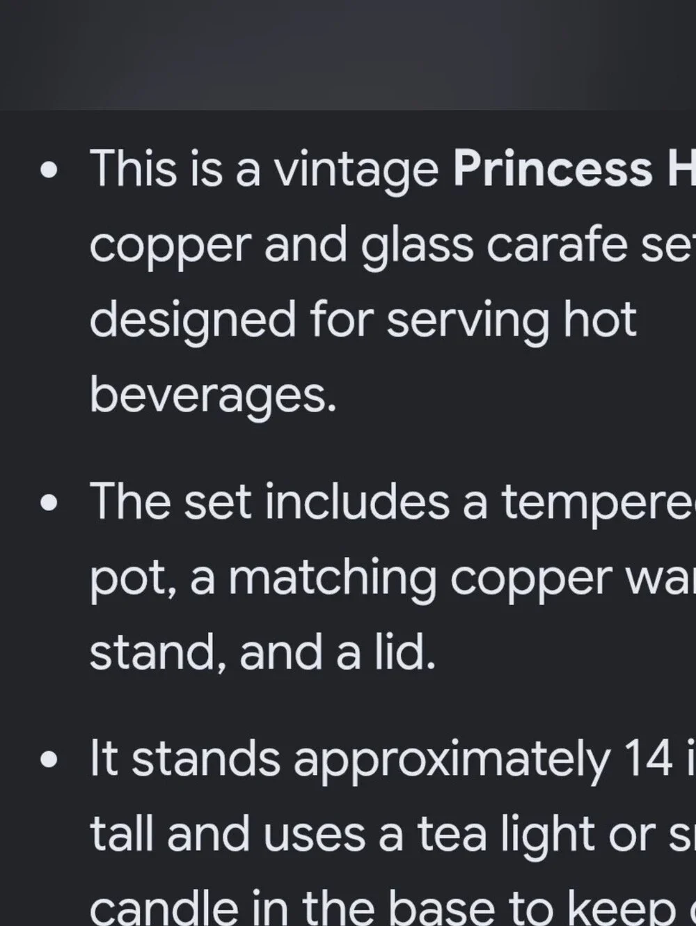 Princess House Copper-Tone Glass Coffee Carafe W/Server  Ornate Handle/Stand